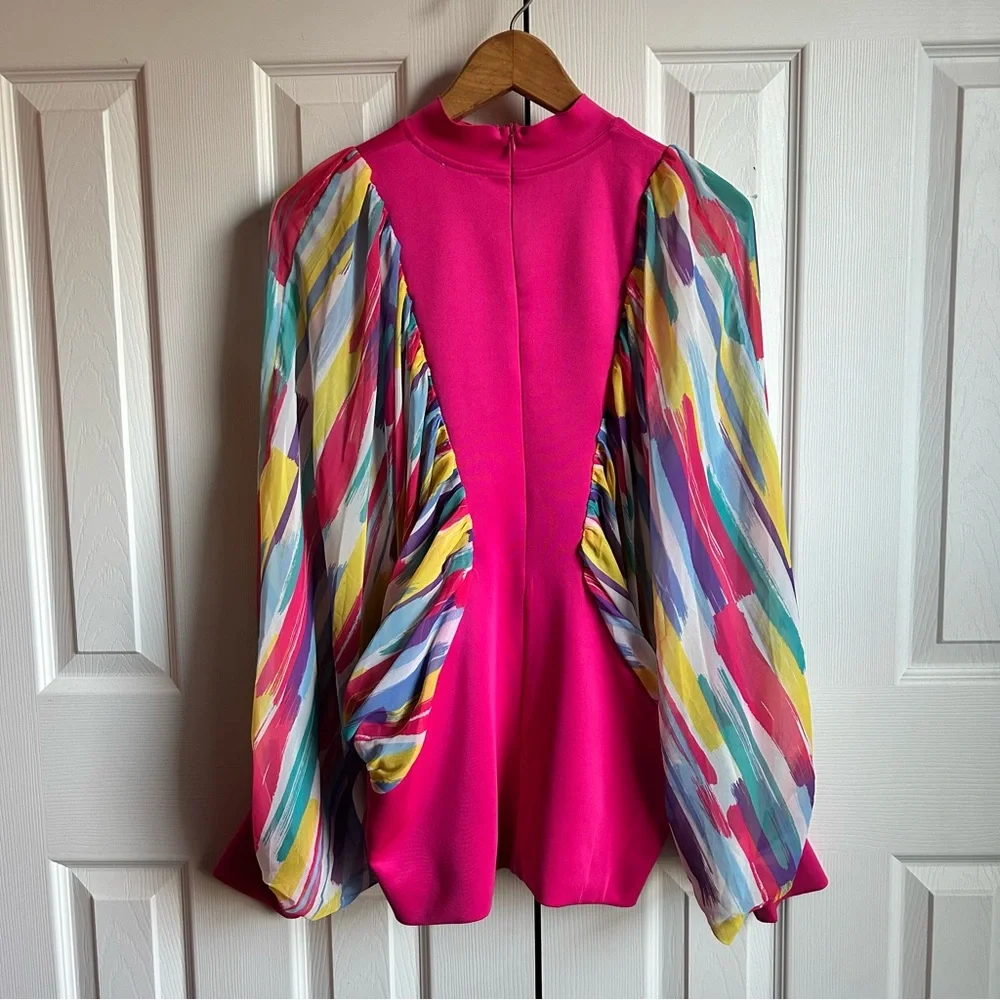 long sleeve pink blouse w/ sheer exaggerated puffy ballon sleeves - Picture 4 of 5